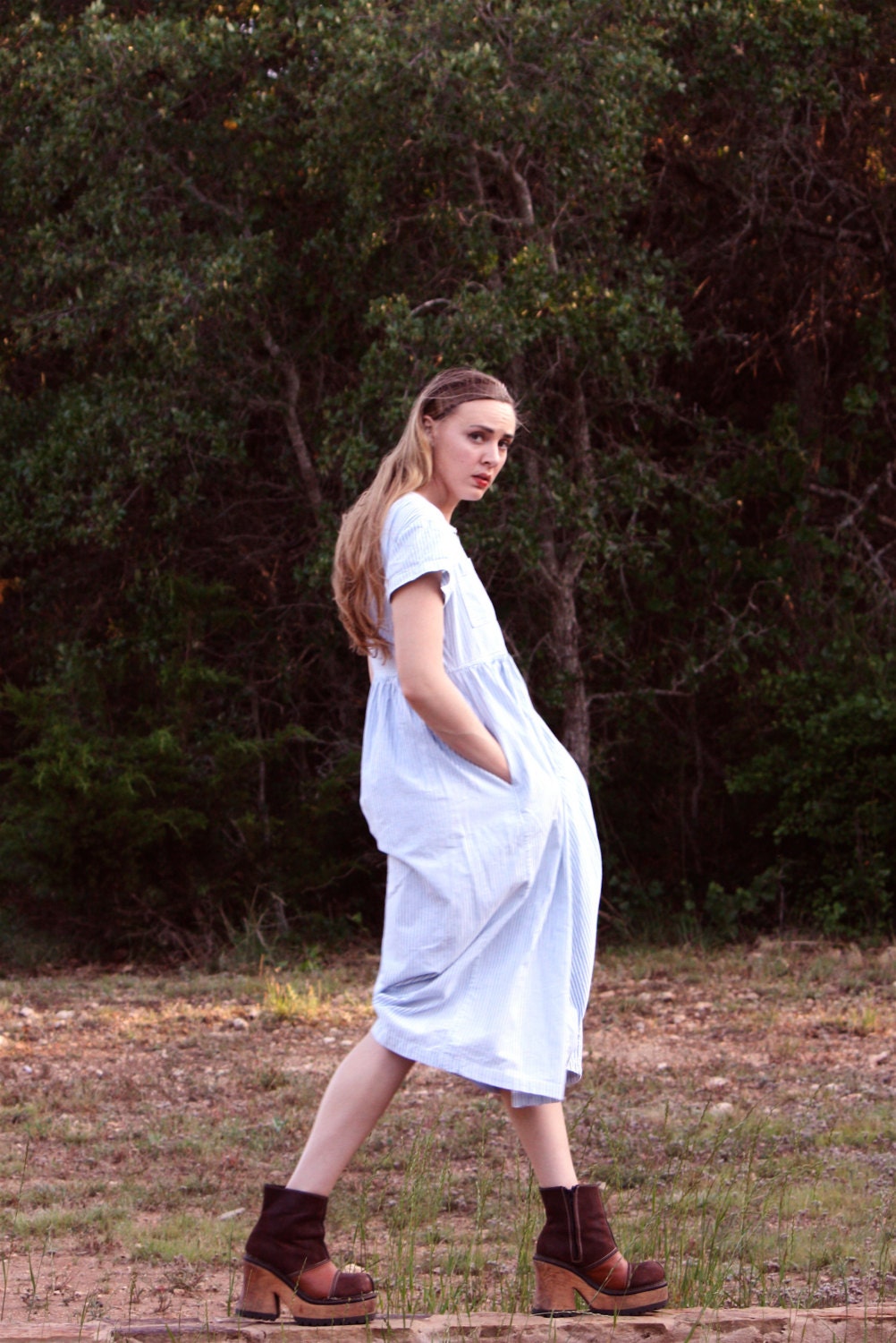 Vintage Striped Chambray Empire Baby Doll Dress