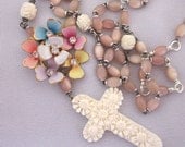 Repurposed Flower Rhinestone Necklace, Festoon Floral Necklace, Pink Rosary Beads, Cross, Yellow, Blue, Handmade OOAK Jewelry JryenDesigns