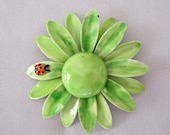 1960s MOD Green Flower Power Brooch Pin, Ladybug Accent, Large Vintage Flower Brooch, Mad Men Fashion Jewelry - JryenDesigns