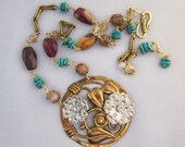 Mixed Metal Repurposed Flower Necklace, Boho Vintage Pendant Necklace, Turquoise, Brown, Gold, Silver, Handmade OOAK Assemblage Jewelry