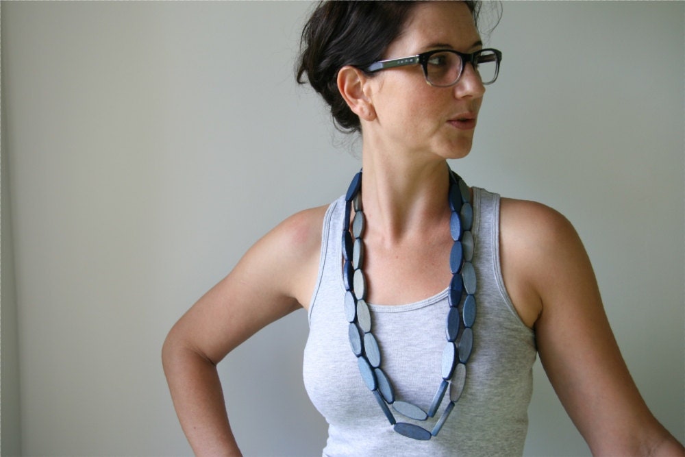 Hand-Dyed Ombre Sky to Royal Blue Extra Long Wooden Bead Statement Necklace