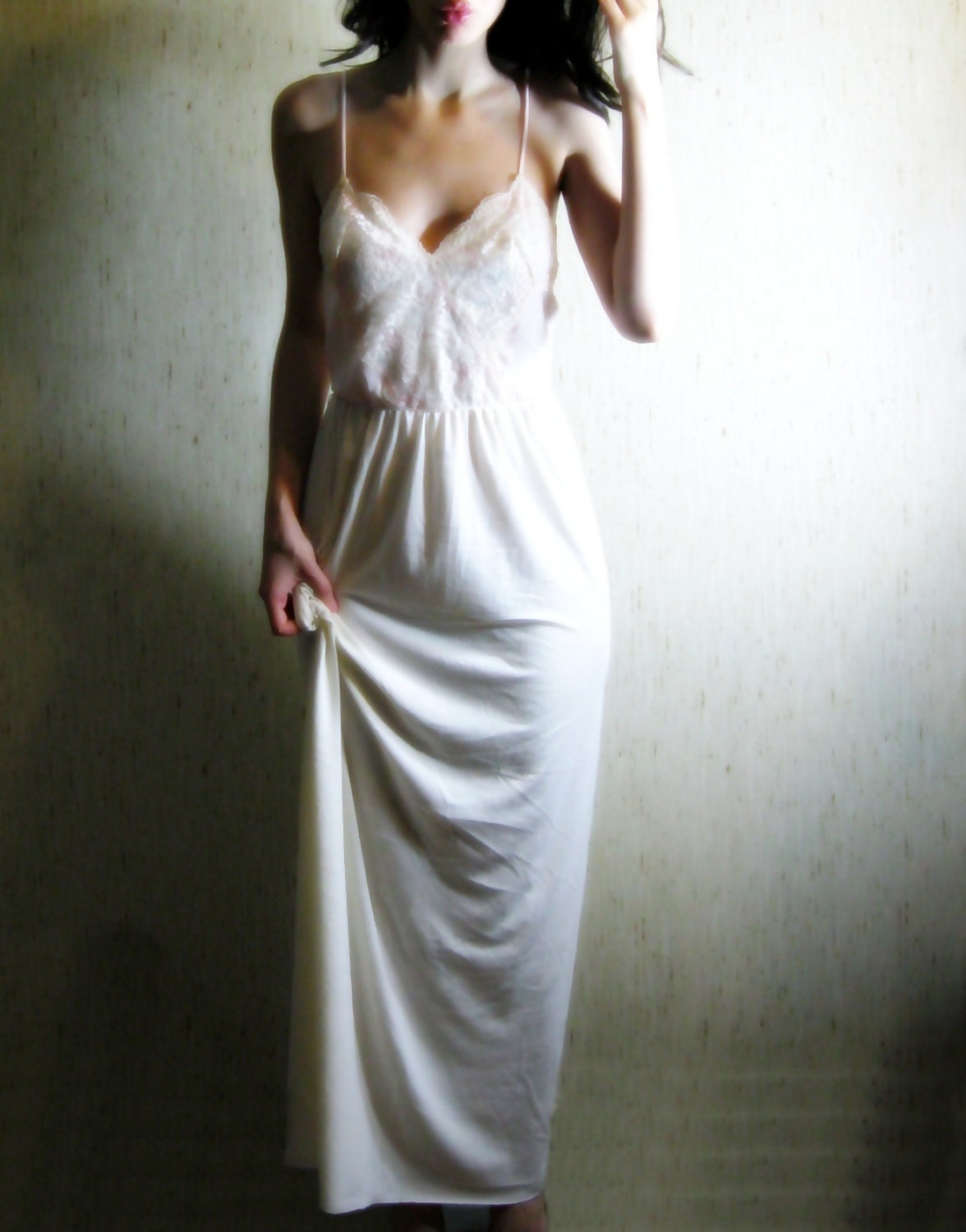 whispering breeze - vintage 50s revived gorgeous ivory organic cotton bamboo lace hippie boho maxi dress