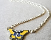 Vintage Yellow, Blue & White Enamel Butterfly Necklace