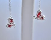 Sale-Earrings Genuine Red Heart Sea Glass Fine Silver Hand Knitted wire on Sterling Silver Hook