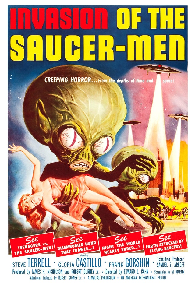 Invasion Of The Saucer Men - Sci Fi Movie Poster Print - 13x19 - Home Theater Decor - Vintage Horror Movie Poster - 50s kitsch - b movie