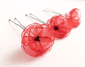 Red poppy hair pins Organza & Swarovski - Joliejye