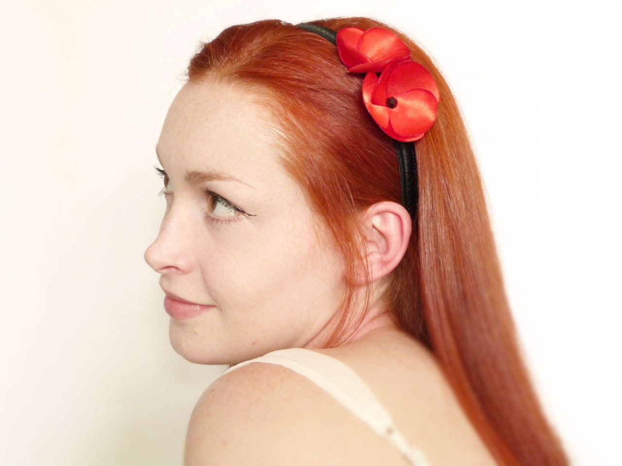 Red poppy on black headband satin & Swarovski LIMITED EDITION by Jye, Hand-made in France