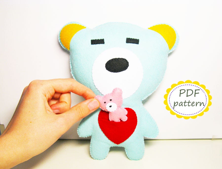 PDF PATTERN: felt Bear with pocket, baby - DIY cute toy sewing Pattern - suffed soft plush tutorial - Instant Dawnload - Valentine day gift