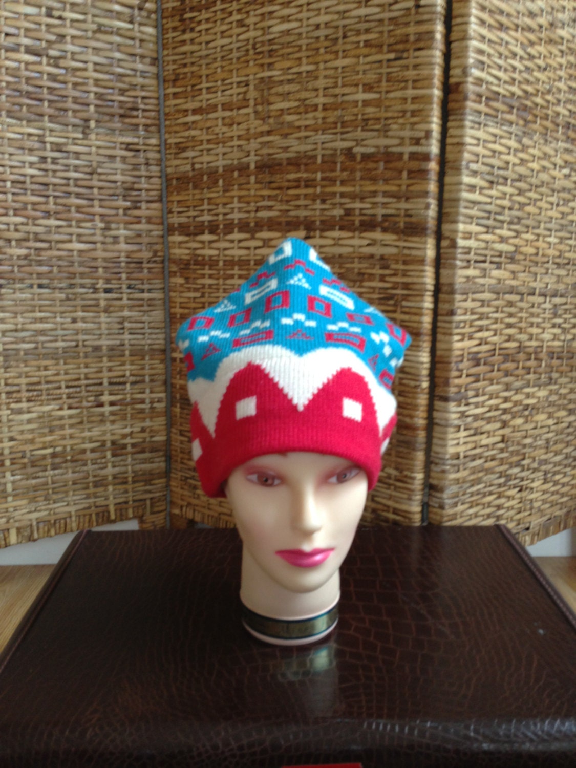 Vintage Block Heater Knit Wool Ski Hat White Red Teal Retro Kitch Canadian