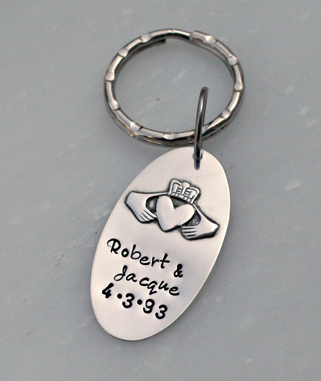 Hand Stamped Sterling Silver Irish Claddagh Wedding Date Keychain
