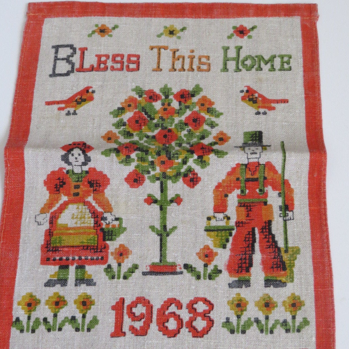 Vintage Bless This Home 1968 Calendar Tea Towel Dish Towel Orange Linen Country Cottage Farm House Farmers