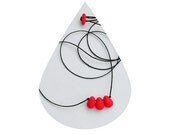 Tiny tear drops red neon clay beads, necklace, black string, contemporary, minimal