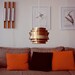 Carl Thore lamp. Danish modern hanging lamp. Eames era. Orange and gold colored aluminum. Beautiful lighting.