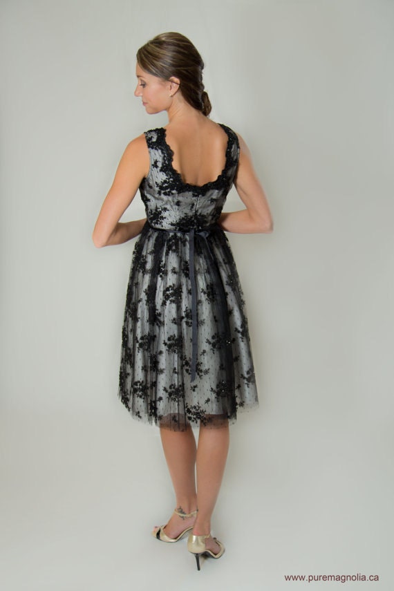 SAMPLE SALE: Black Vintage Lace Beaded Knee Length Wedding Dress, Cocktail or Reception Knee length  //Maternity Friendly