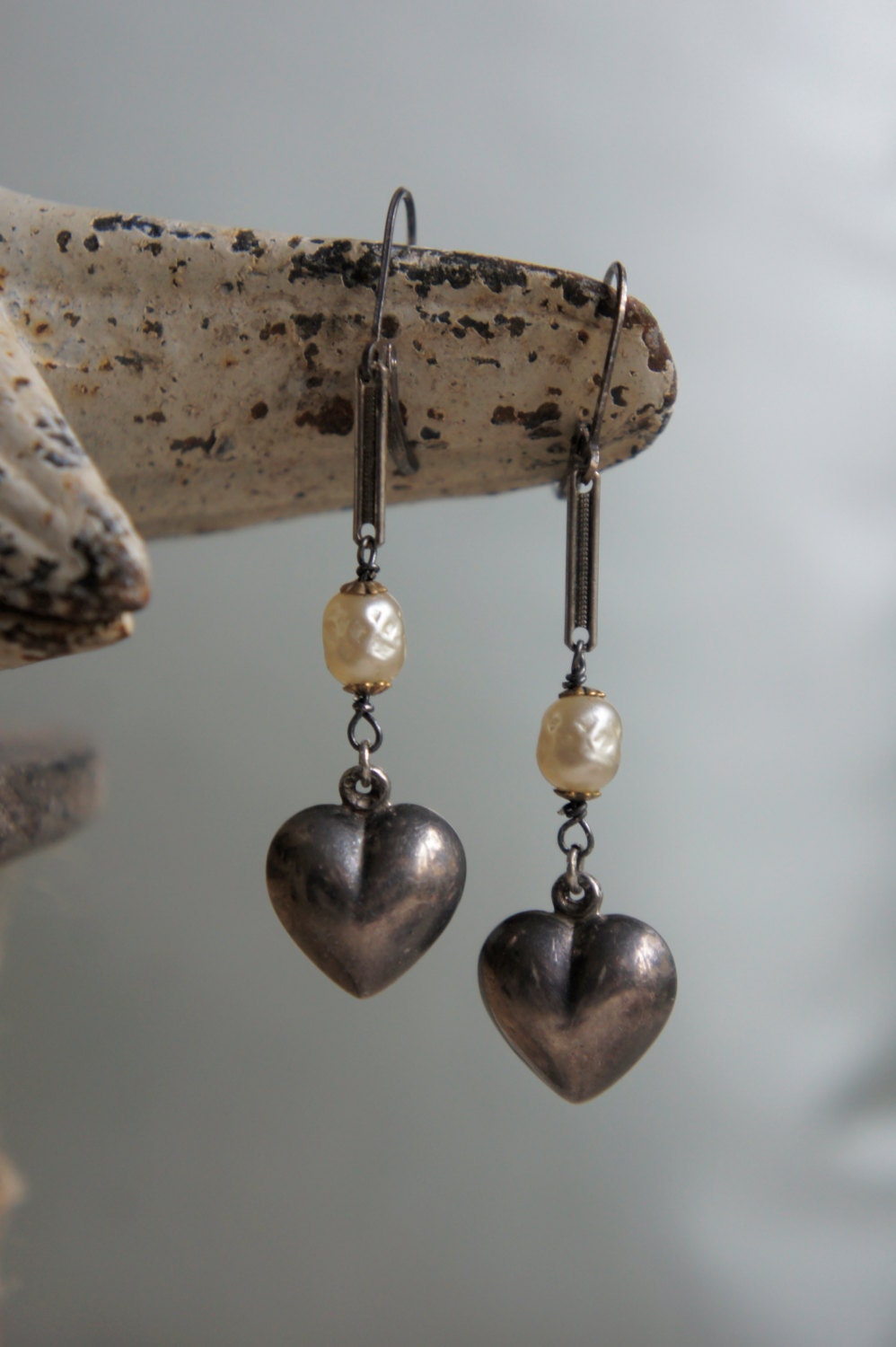 Vintage assemblage earrings silver hearts Haskell pearls dangle assemblage jewelry -  by French Feather Designs.