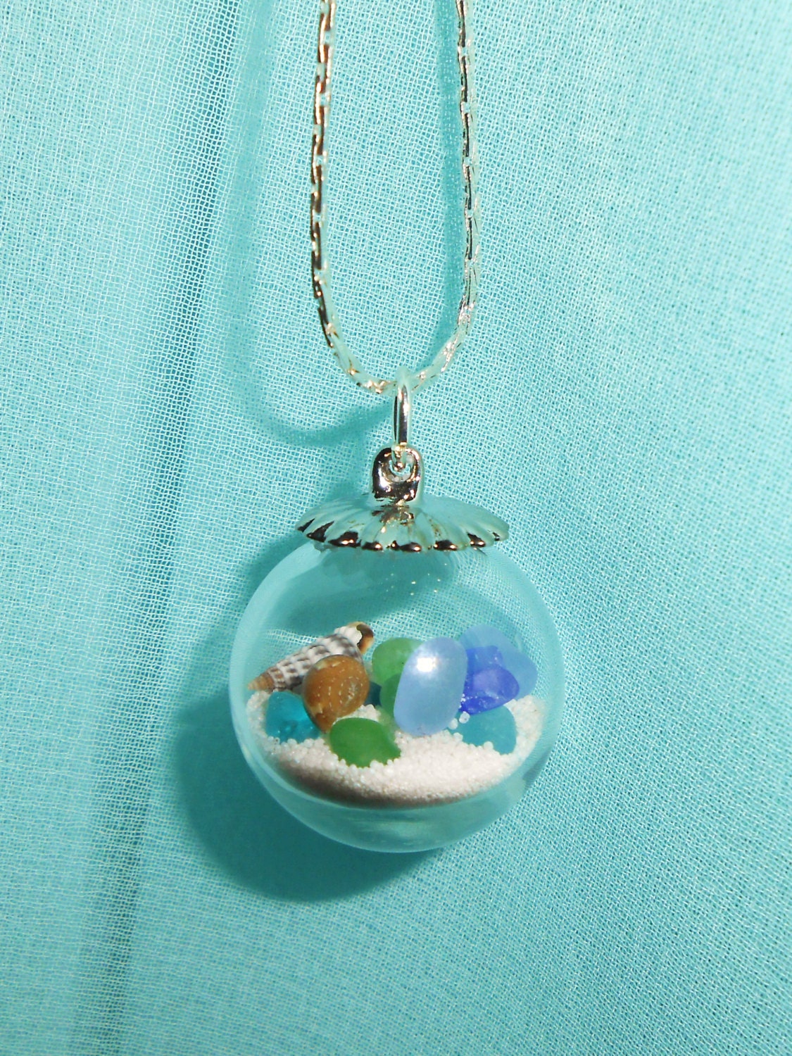Sea Glass Globe Hollow Lampwork Bead Filled with Blue, Seafoam & Green Sea Glass, Seashells and Sand