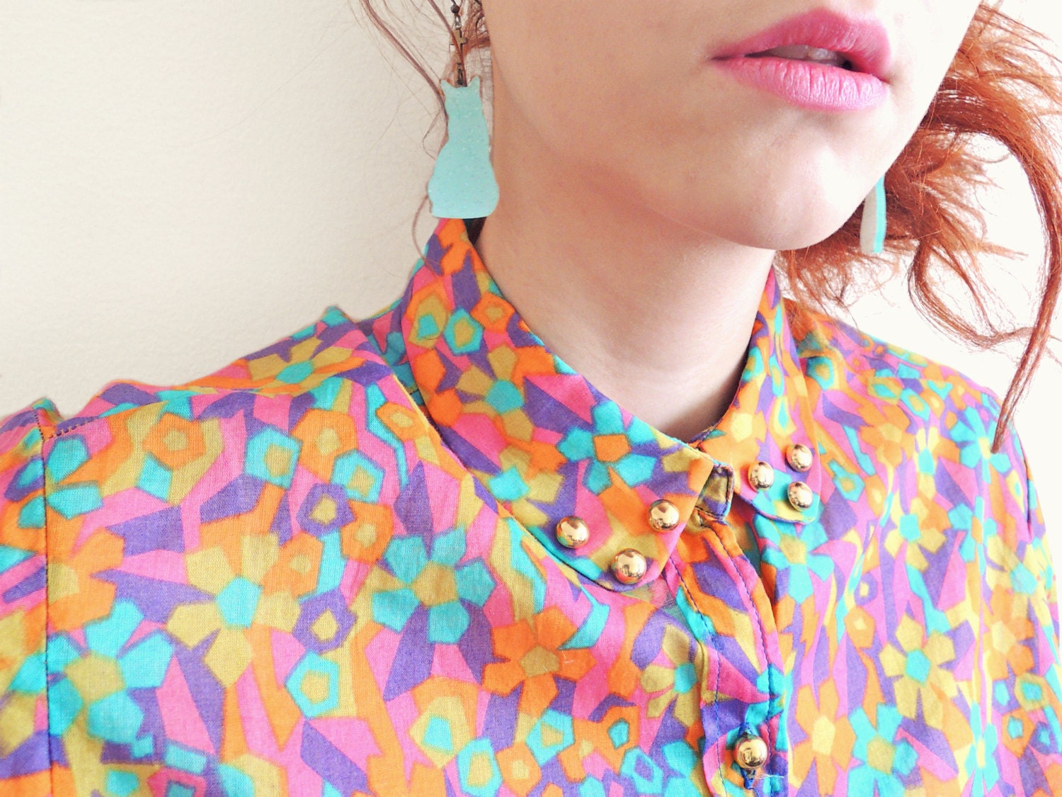 Studded floral shirt .  peter pan collar and psychedelic pattern . altered vintage . Cassie