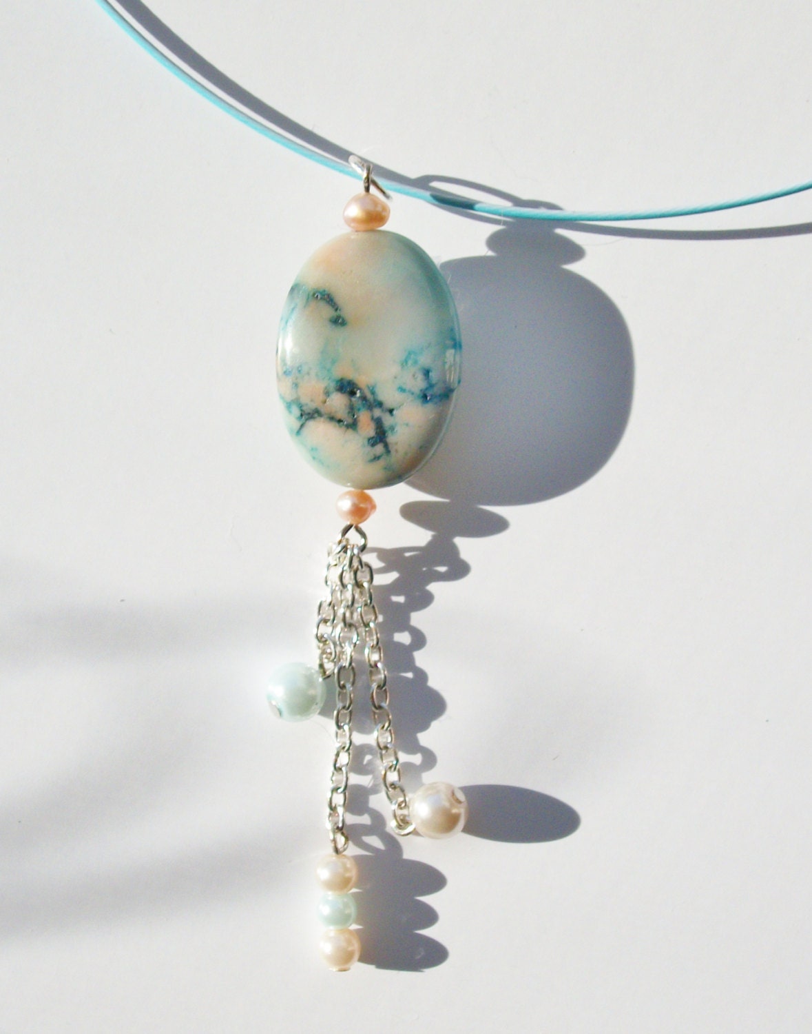 Multi-Colored Jasper Stone Pendant Necklace/Light Pink and Sea Foam Glass Pearls/Teal Memory Wire Necklace/OOAK from Completely Personal