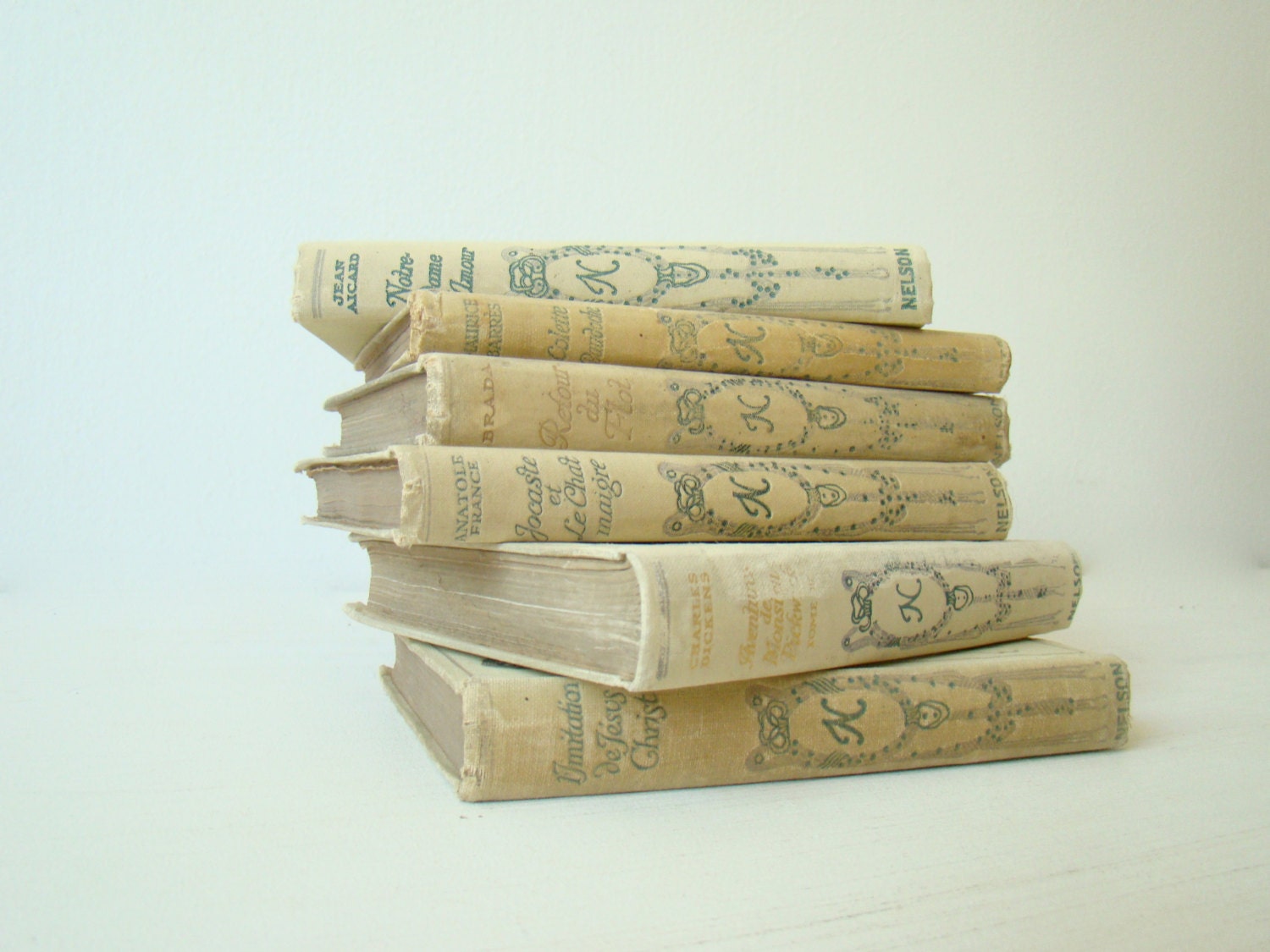 six tattered romantic french decor, neutral summer shades, beach decorating, Nelson collection, 1910s, pale yellow french books