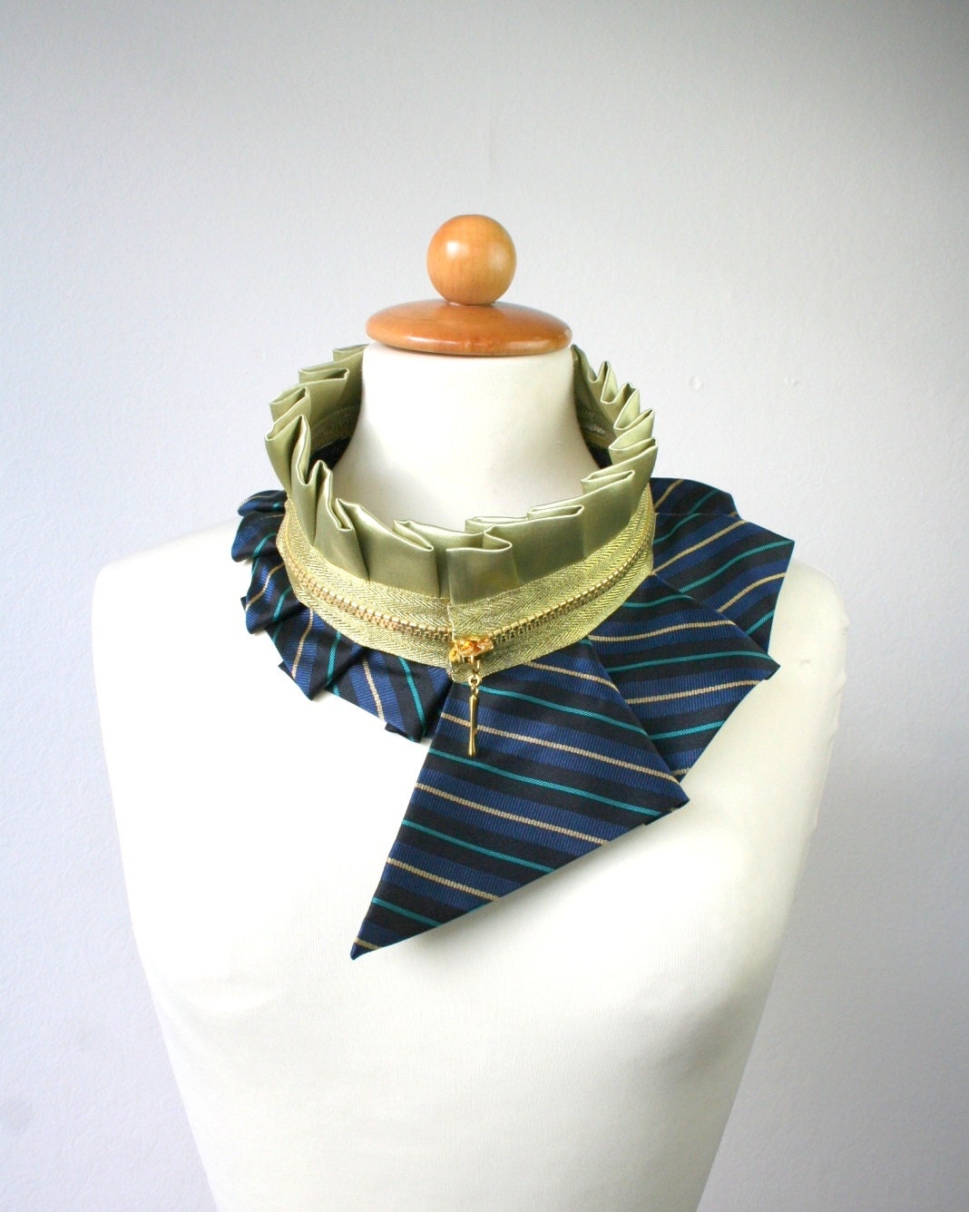 Striped gold zipper collar, navy blue teal yellow green, massive women's collar, one of a kind, eco fashion (53)