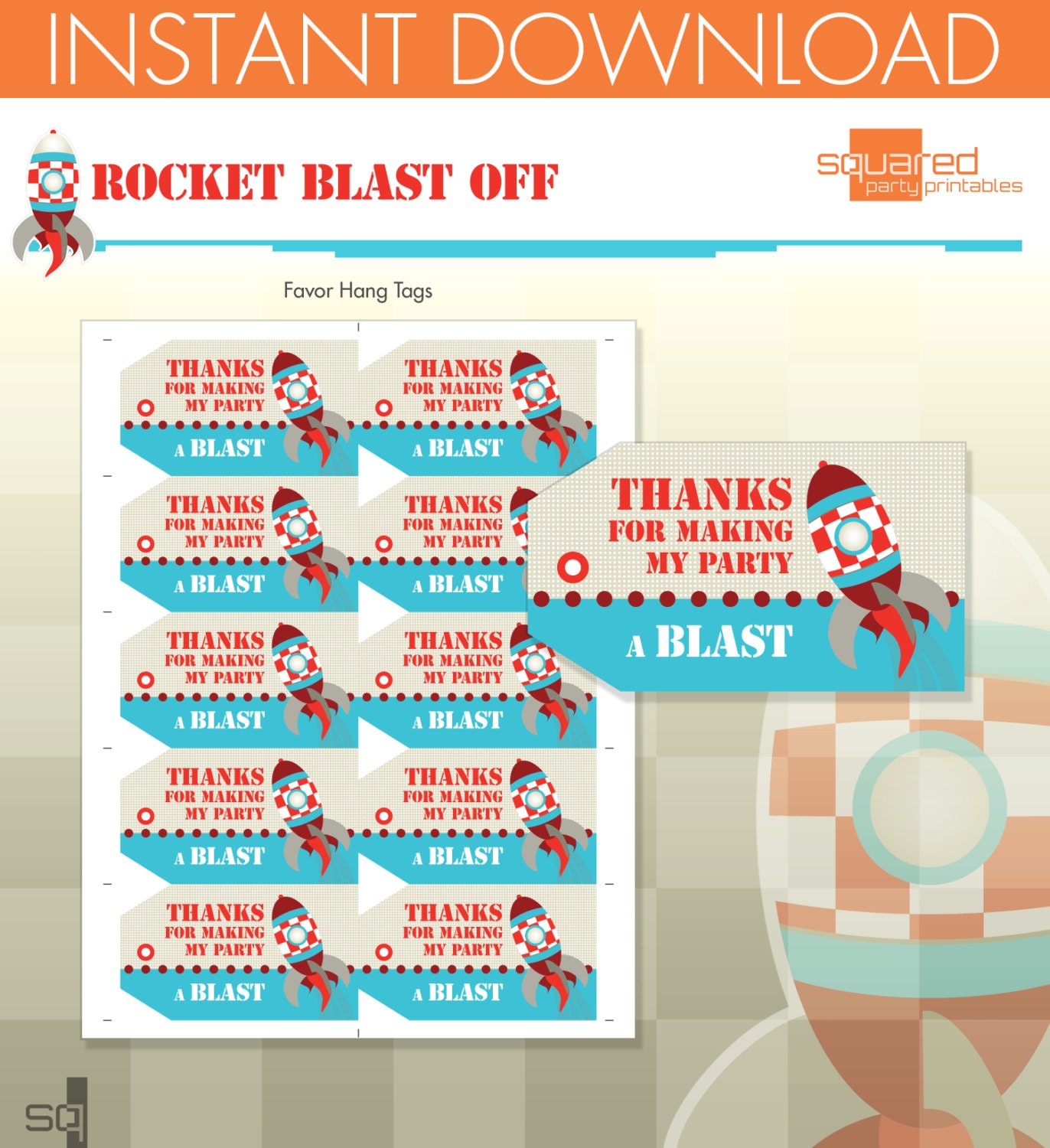 Rocket Ship Spaceship Birthday Party Printables - Party Favor Hang Tags - DIY Print - Blast Off - Instant Download