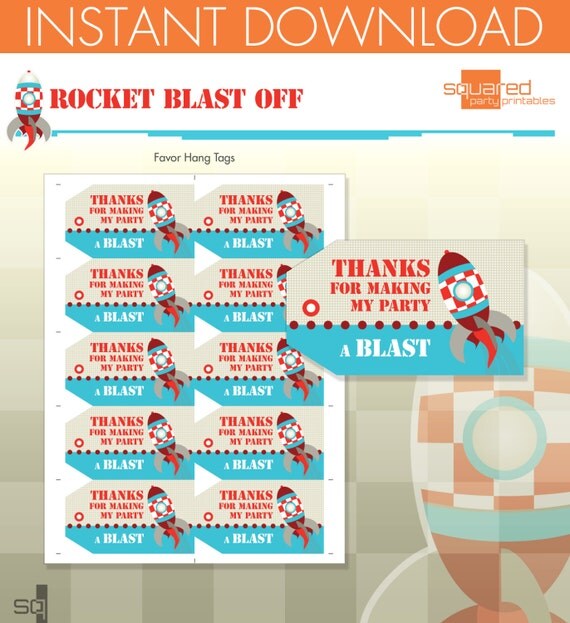 Rocket Ship Spaceship Birthday Party Printables - Party Favor Hang Tags - DIY Print - Blast Off - Instant Download Il_570xn