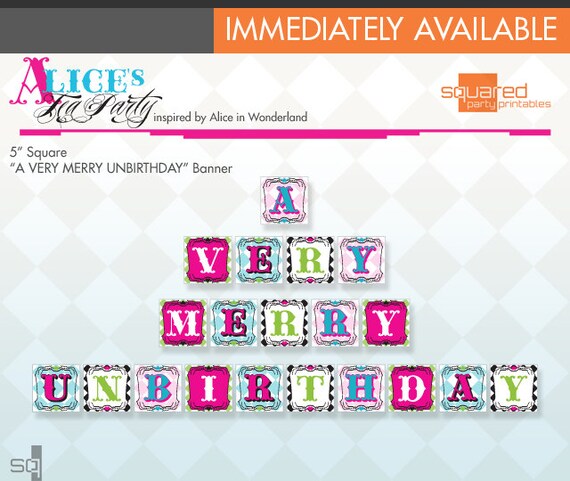 Alice in Wonderland Tea Party Printable - UnBirthday Banner Package - DIY Print - Alice's Tea Party - Instant Download Il_570xn