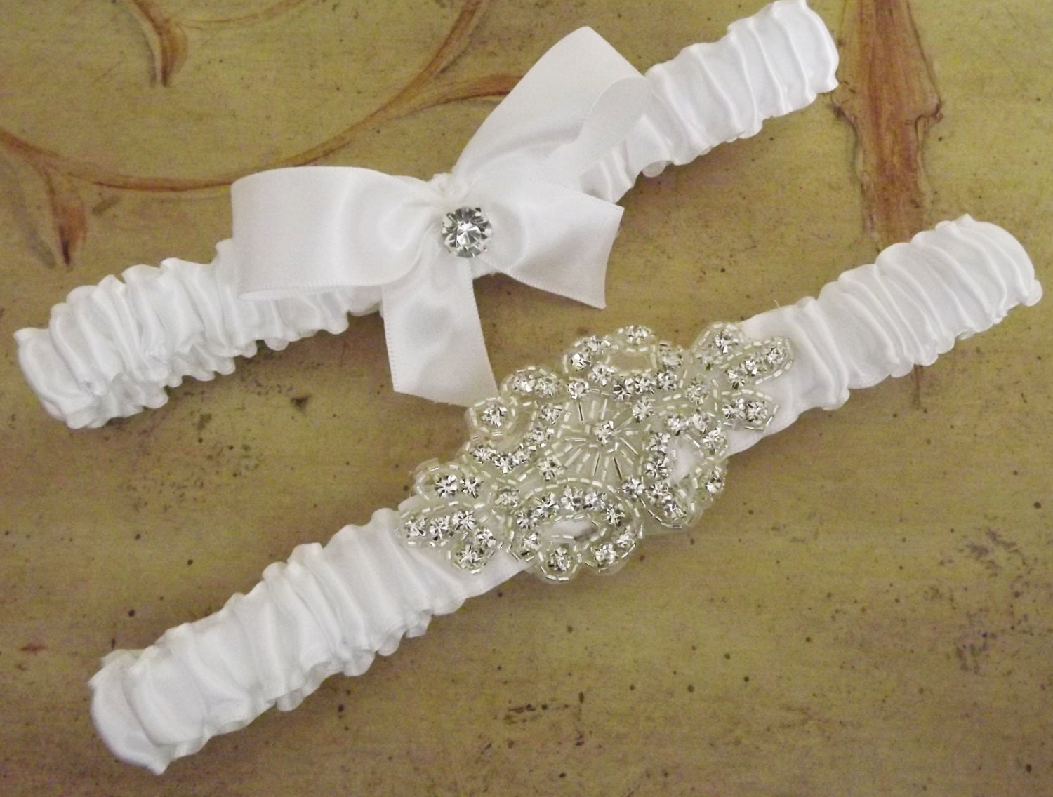Sophisticated Lady Custom  Colors Satin and Rhinestone Wedding Garter Set  Pick Your Color Custom  Bridal Garter Set