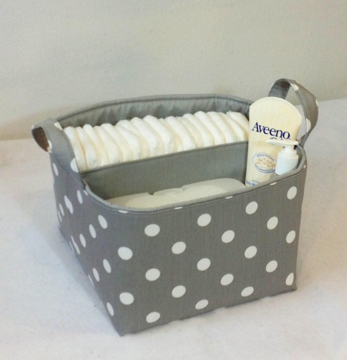 NEW LG Diaper Caddy 10"x10"x7" Fabric Storage Bin Basket Organizer White Polka Dot on Grey with Grey Lining