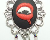 Vampire Girl Necklace with Czech Crystals, Winged Skull, and Stake Charms - On A Triple Black Ribbon True Blood Inspired