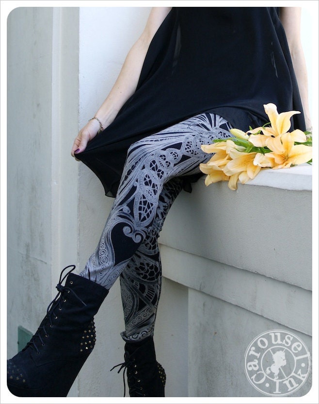 Filigree Art Nouveau Leggings by Carousel Ink - Black Tights - Printed Womens Legging - LARGE