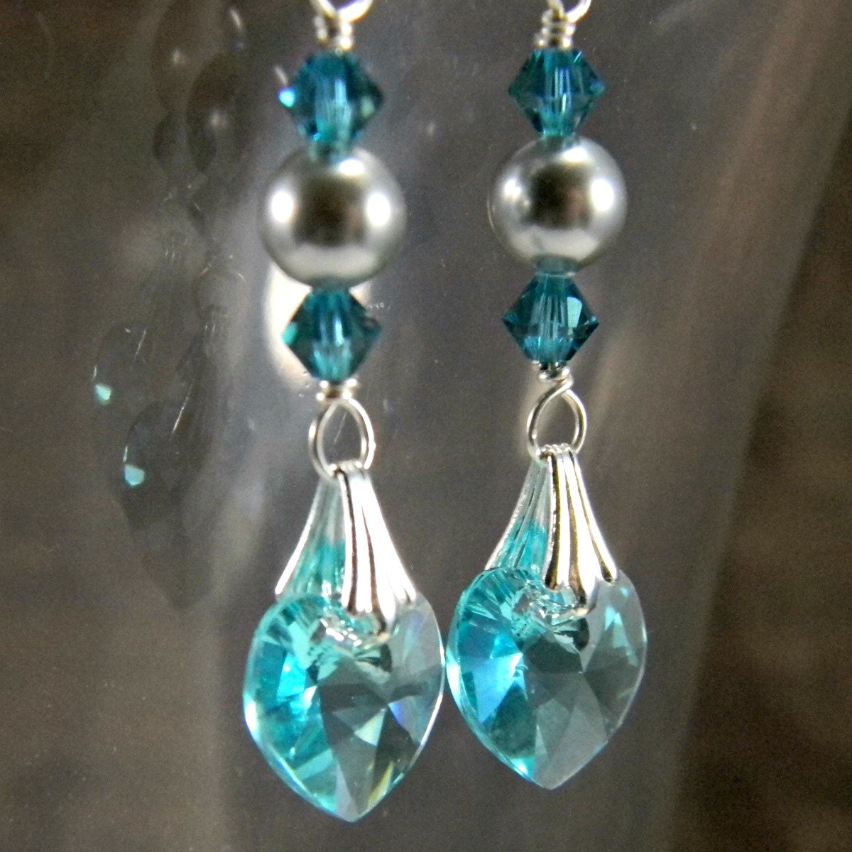 Silver & Aqua Heart Earrings  Swarovski Crystal Teal, Turquoise, and Light Grey Pearl  Wire Wrapped Dangle Earring  Beaded Jewelry