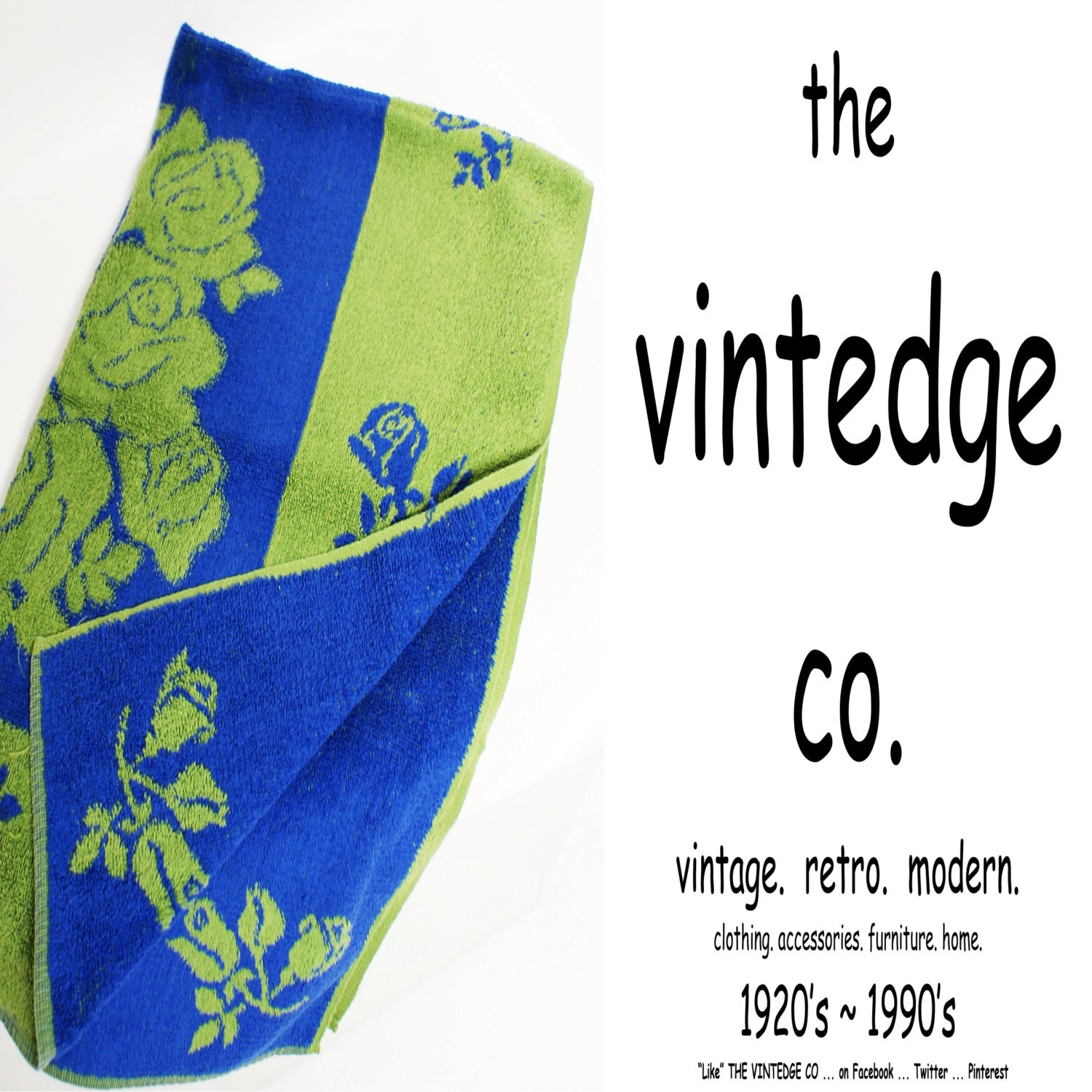 vintage // 50s 60s 70s blue green floral color block retro mod terry bath towel