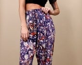 1990s vtg Star Moon Pants / SPACE Cosmic Galaxy Print Leggings / High Waisted Boho Grunge Harem Style  / Sz Small / Club Kid Alien Tie Dye