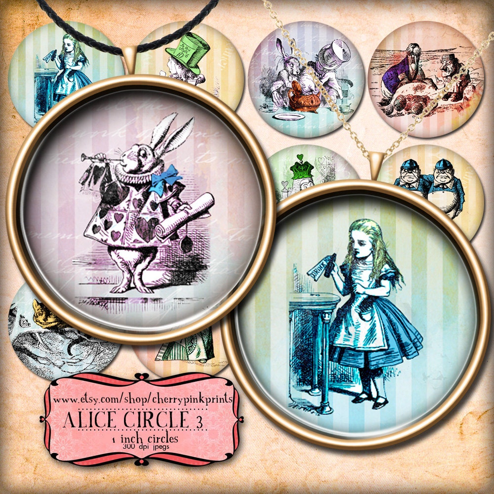 Alice in Wonderland SET 3 1 inch circles, digital collage sheet, Vintage shabby chic style for pendants, magnets, scrapping, craft supply.