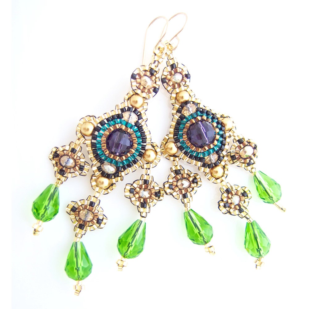 Beaded Chandelier Earrings, Gold Earrings, Purple Earrings, Champagne Pearls, Crystal, OOAK Statement Earrings, Handmade by JeannieRichard
