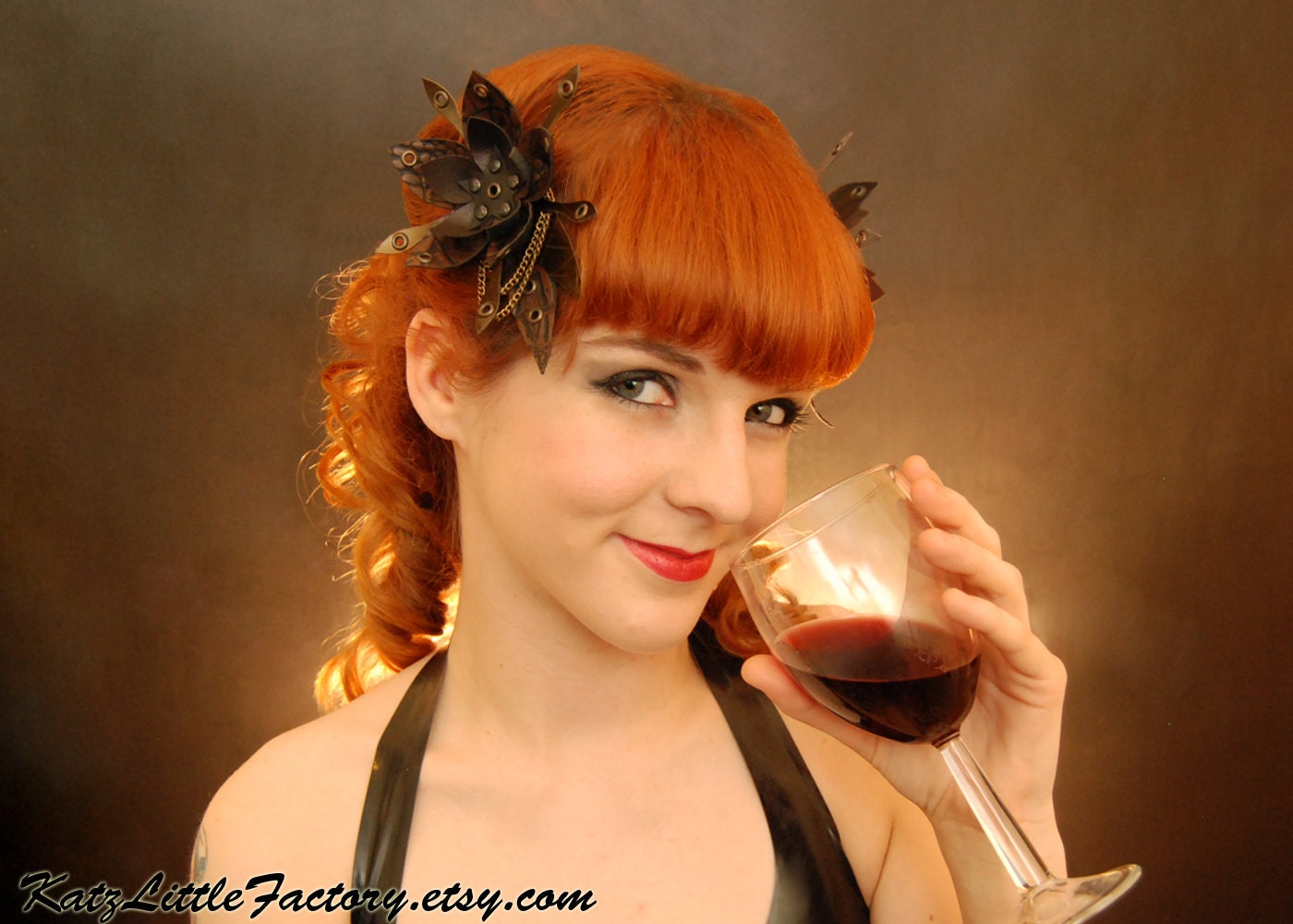 Steampunk inspired brown bronze crocodile skin PVC Cyber Flower gothic industrial studded hair clip with chains and tail spiky fascinator