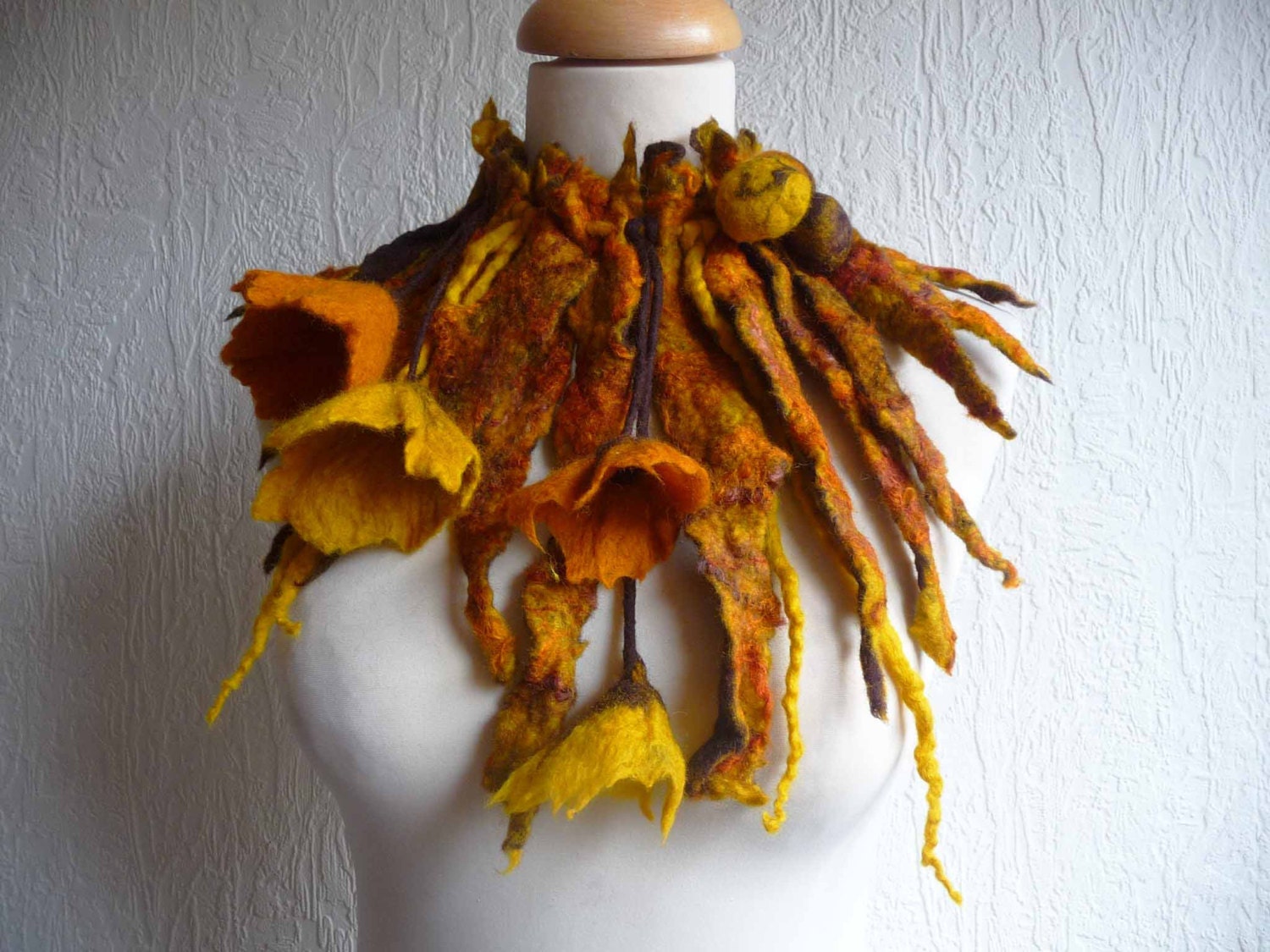 Felted wool necklace, lariat, belt ,scarf, handmade, felt, gold, brown, yellow, orange,lagenlook, ready to ship