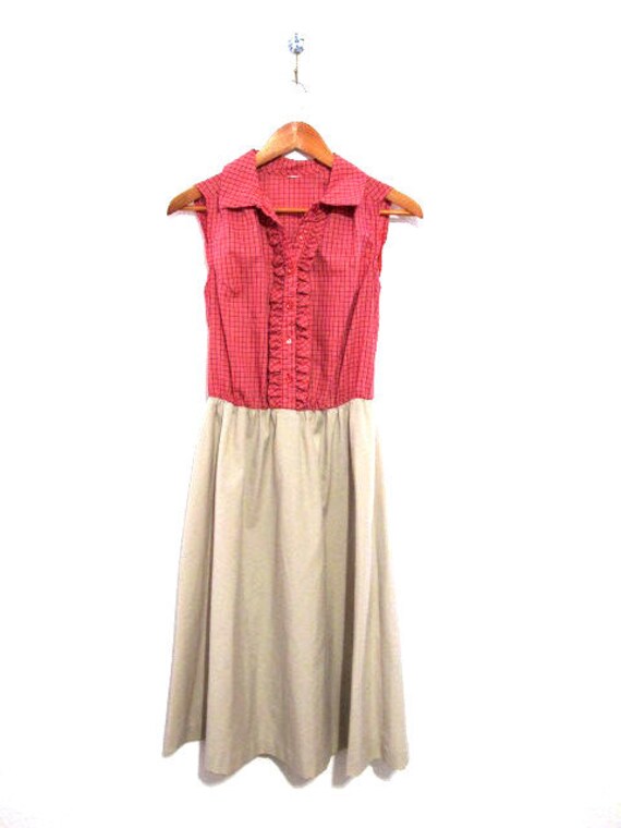Vintage Red Plaid Ruffle & Khaki Sleeveless Dress