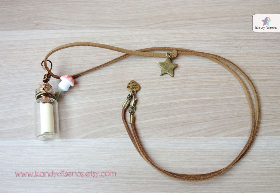 Woodland Message in Bottle Necklace Secret Vial necklace Jar with rolled Mushroom Star Brown Pink