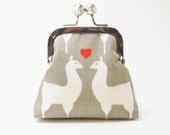 Coin Purse, Small Snap Change Pouch, Organic Llama Print Fabric, Grey and White With Red Chevron