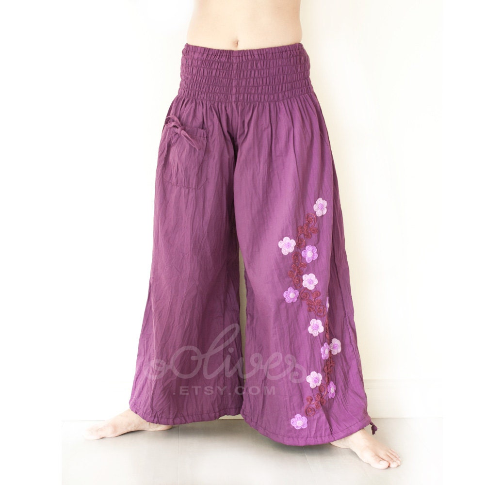 Smocked Waist, Wide Legs Cotton Pants in Dark Violet, with Embroidered Flowers