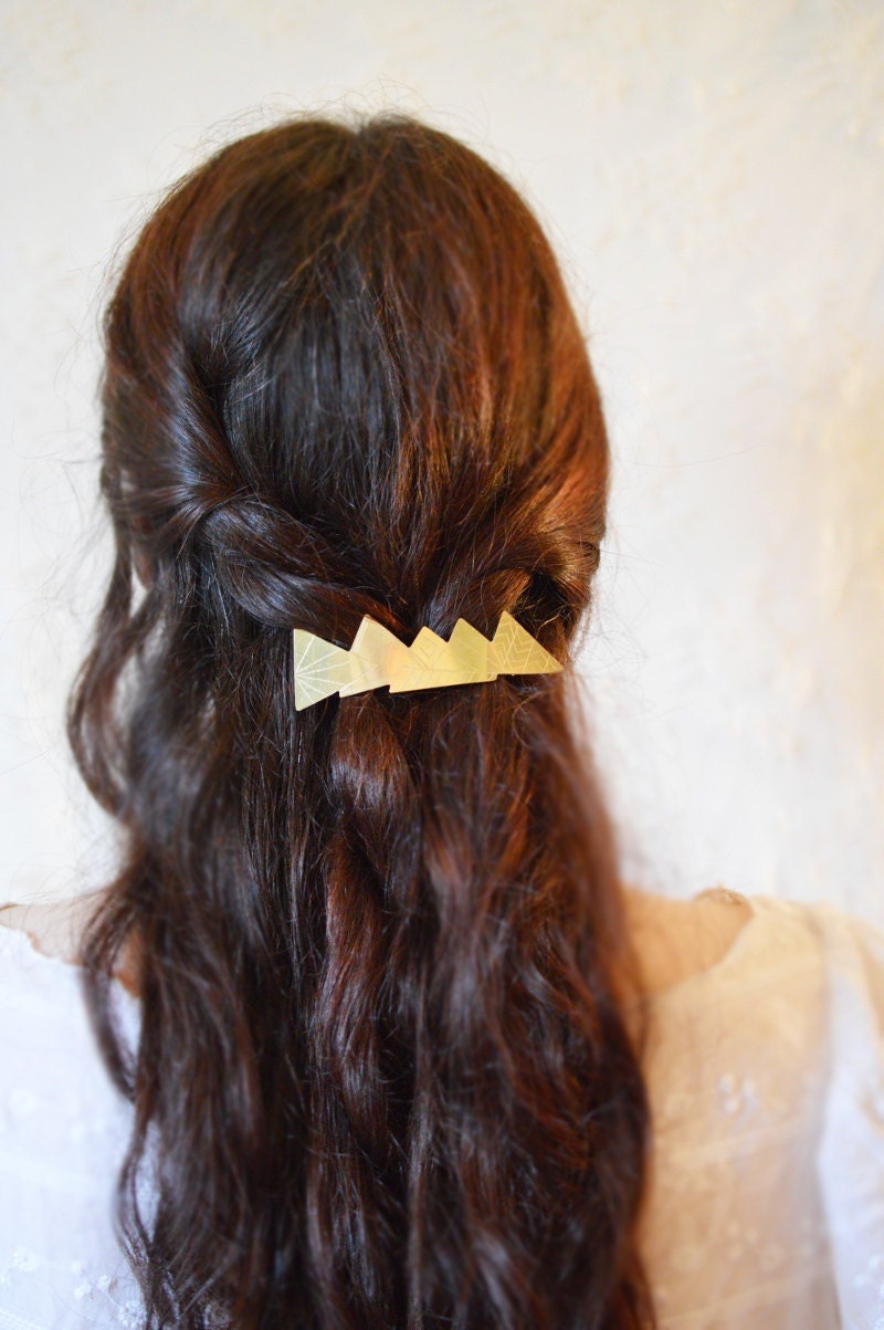 Aztec fire -tribal triangle brass gold barrette