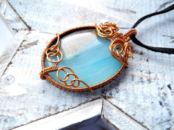 Jasper Copper Necklace - Blue Lagoon Jasper - Oval Necklace - Ancient Greek Necklace - Turquoise and Orange - Wire wrapping
