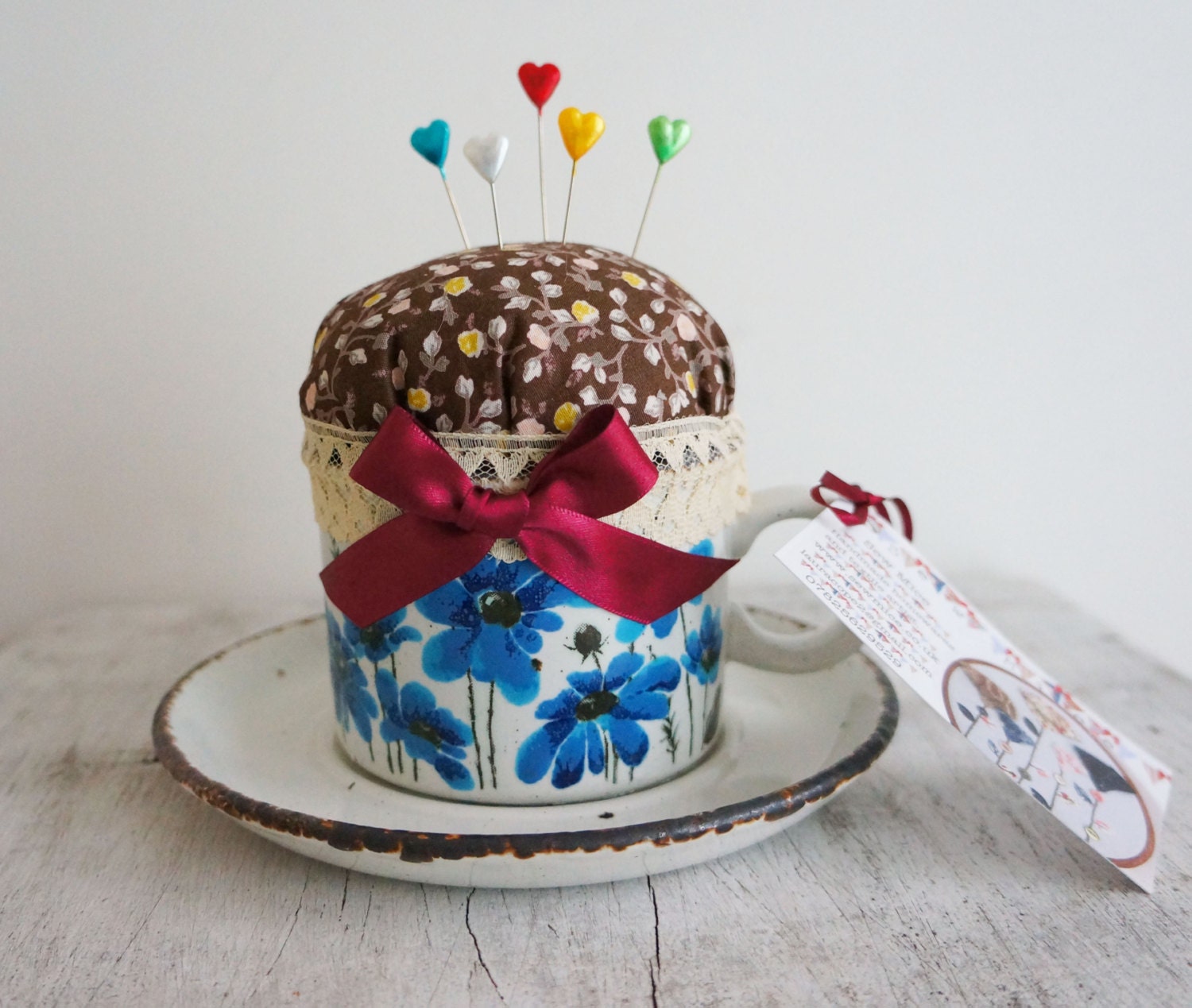 Teacup pincushion with vintage teacup, pins, needle holder, handmade pin cushion