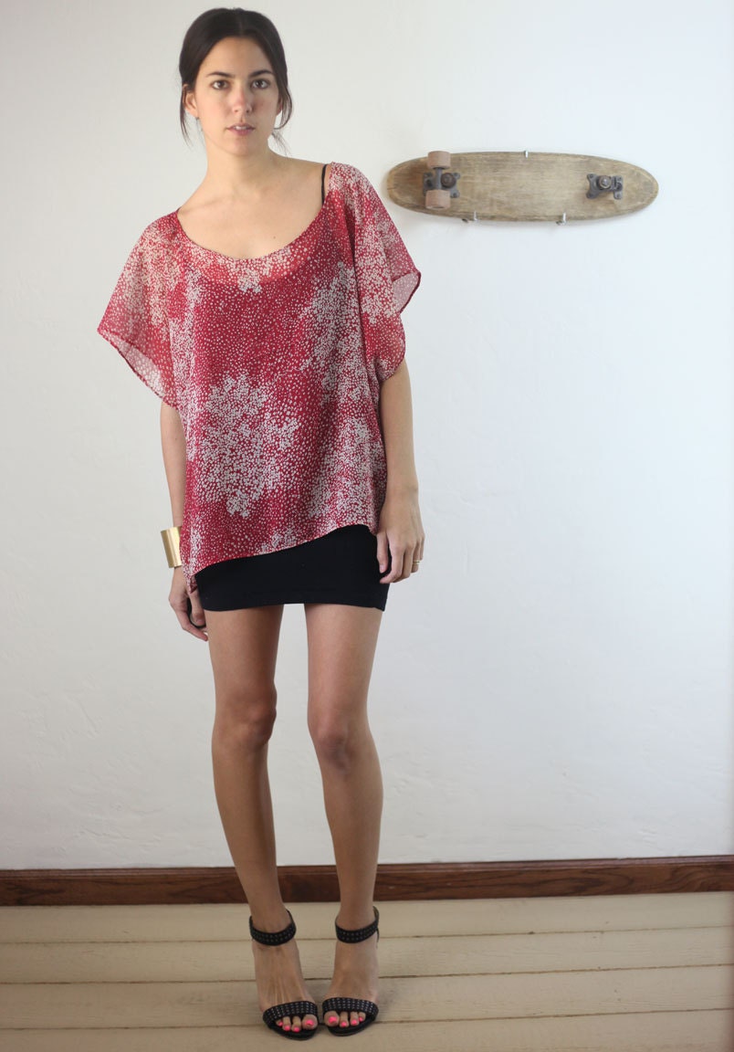 red white floral sheer chiffon boxy kaftan top