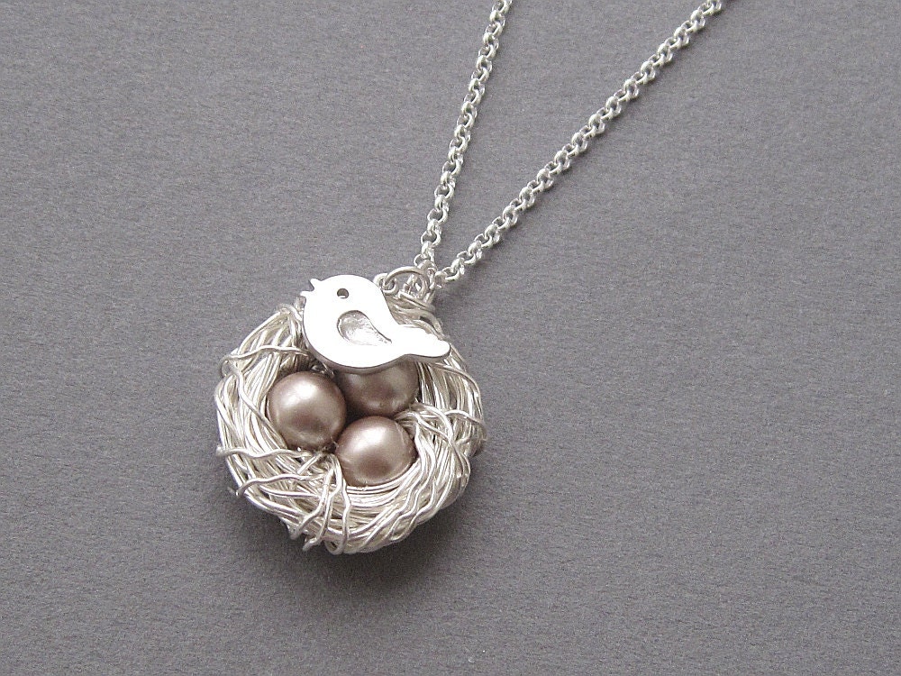 Bird nest necklace, sterling silver chain, flying bird, swarovski crystal pearl color choice, silver wire wrapped nest, three eggs