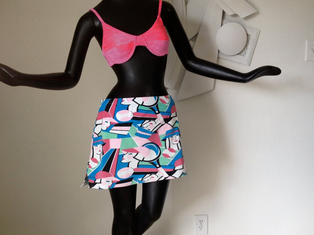 80s does Art Deco Tennis Skirt Swimwear Skirt Vintage New Wave 1980s Swimsuit Cover Up Medium Large