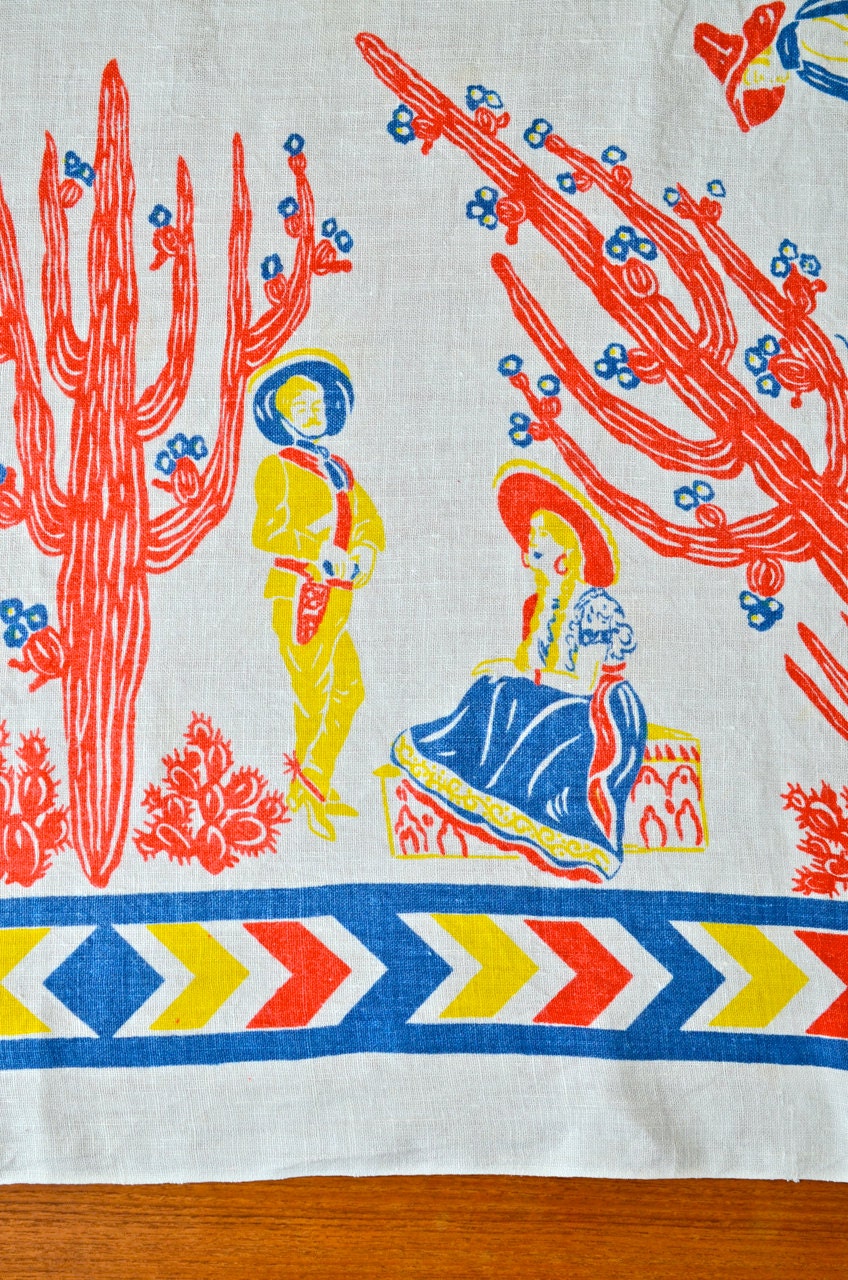 Vintage Linen 50" Tablecloth Featuring Mexican Vaquero, Cowboys, Donkeys, Cactus, Chevron Stripe, For Cinco de Mayo, Bright Yellow & Red