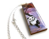 Panda Necklace, Art Resin Pendant, Red Umbrella Print, Animal Jewelry, Cute Panda Pendant, Wood Necklace